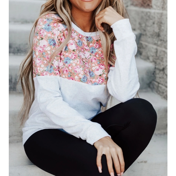 Mindy Mae's Market Tops - Floral Accent Pullover-Pink & Grey